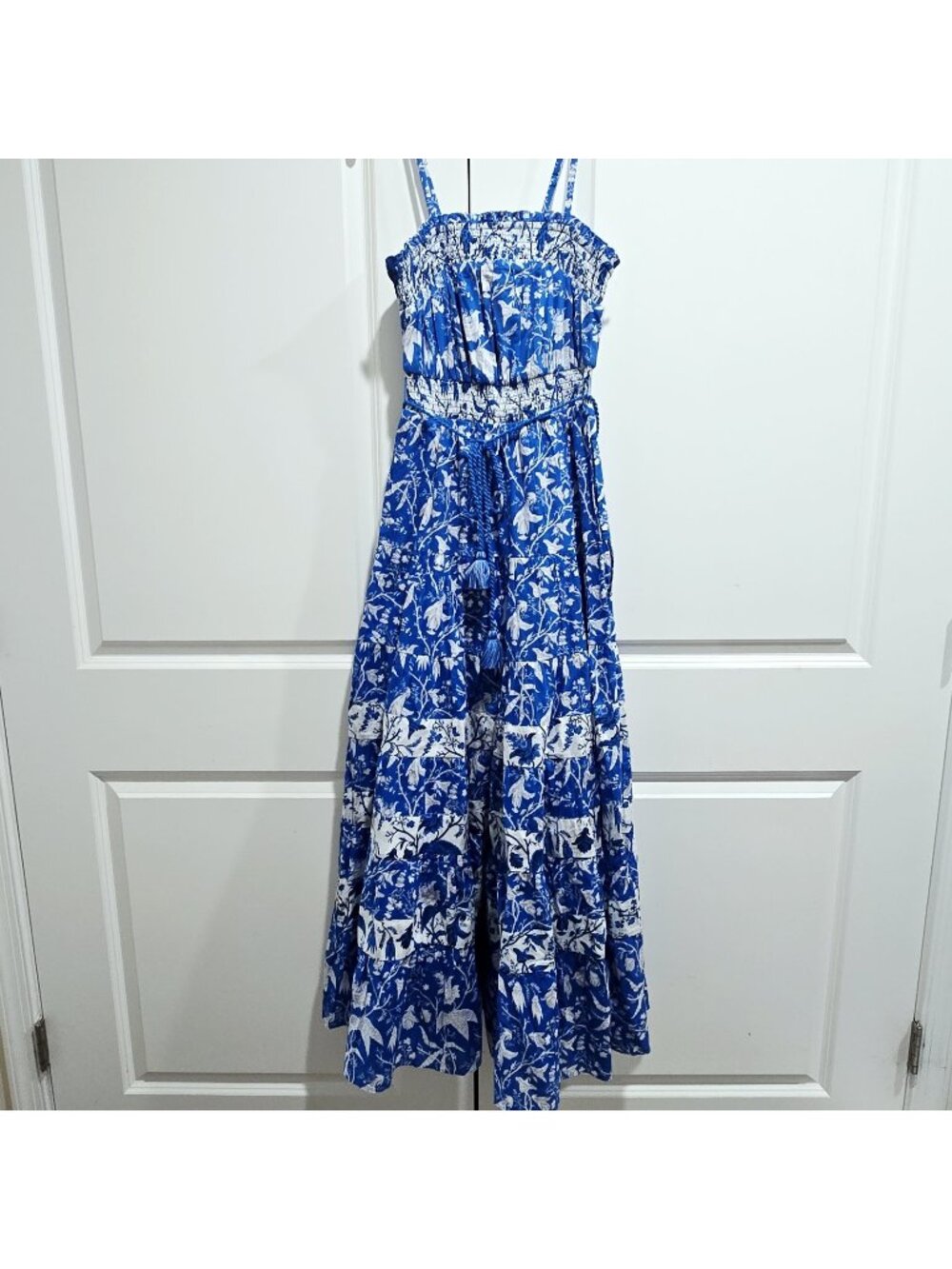 NEW Celina Moon - S Blue Holy Floral Tiered Maxi Dress Sleeveless Lined Cotton
